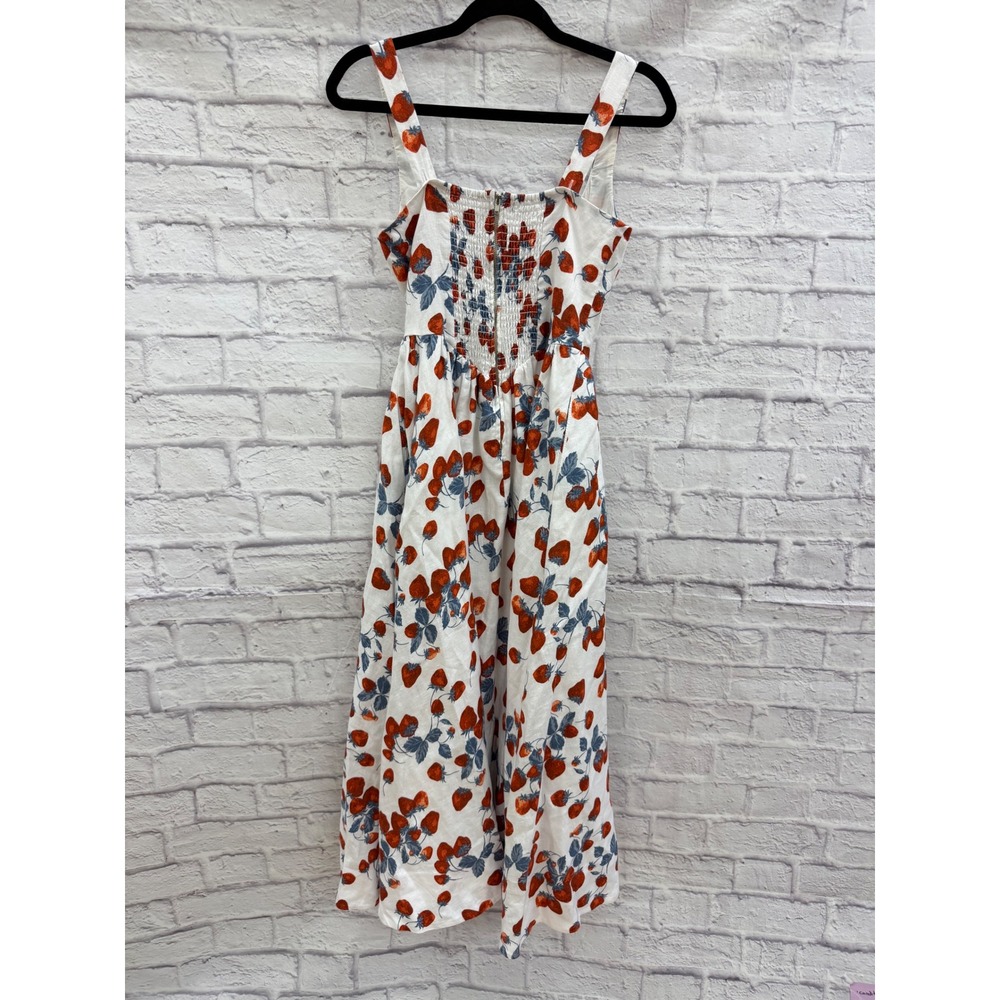 Reformation Balia Linen Strawberry Print Basque Waist Midi Dress White Red Sz 2 - Picture 14 of 16